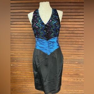Vintage 80s Gunne Sax Black and Blue Sequin mini Dress